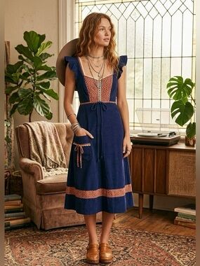 Vintage Navy Blue Muse Corduroy Pinafore Cottagecore Prairiecore Dress Small